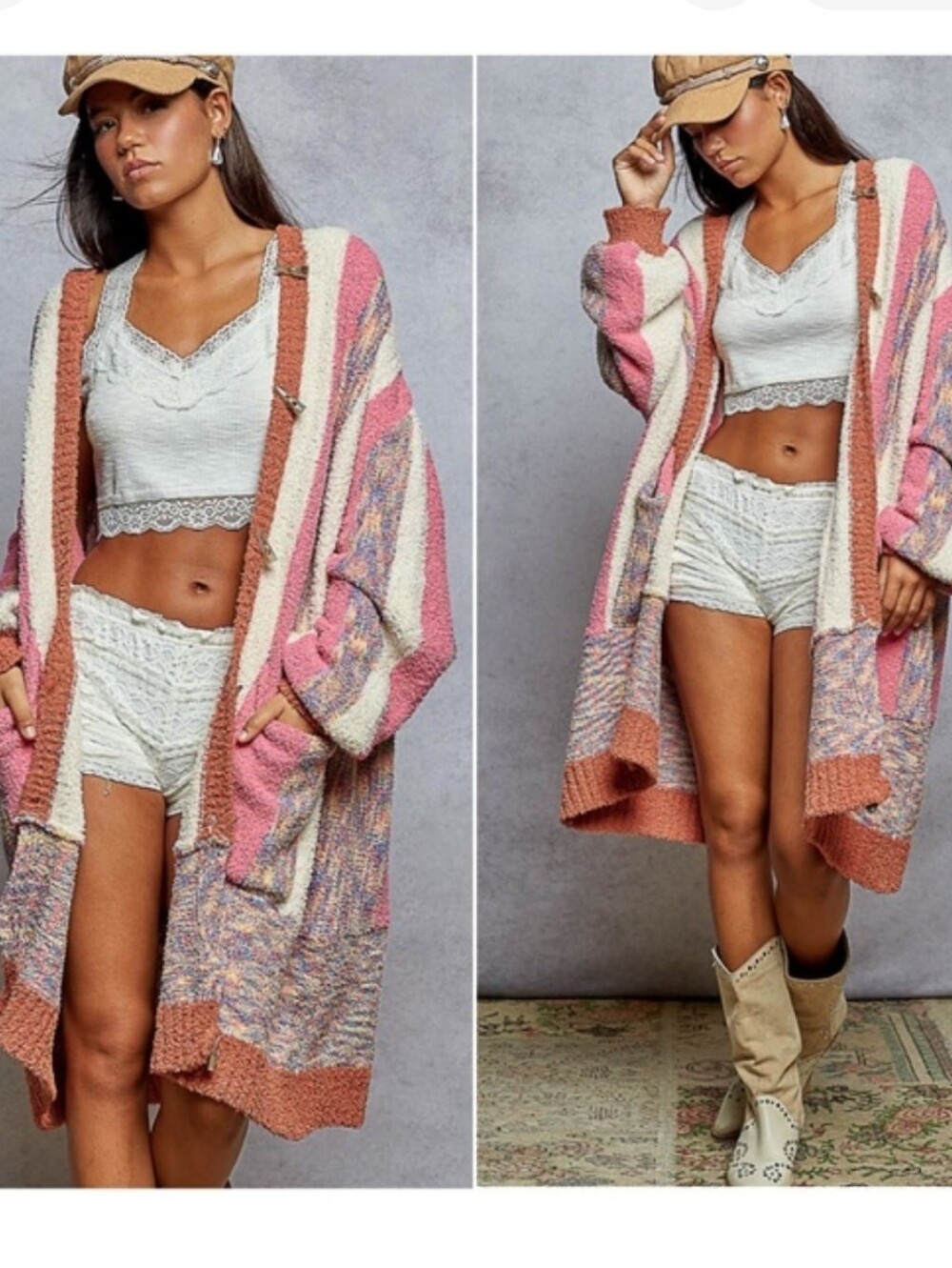 POL Color Block Chenille Pockets Open Front Loose Cardigan